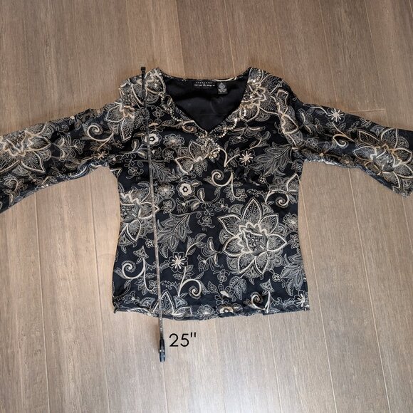 New York City Design Co, Silk V Neck Sequined Blouse, Black w Tan Paisley, Sz L - Picture 2 of 8